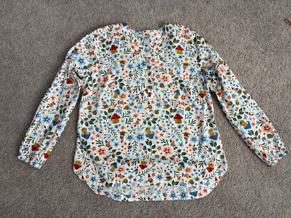 Duluth Trading Co. Women's Novelty Gnome & Mushroom Henley Blouse